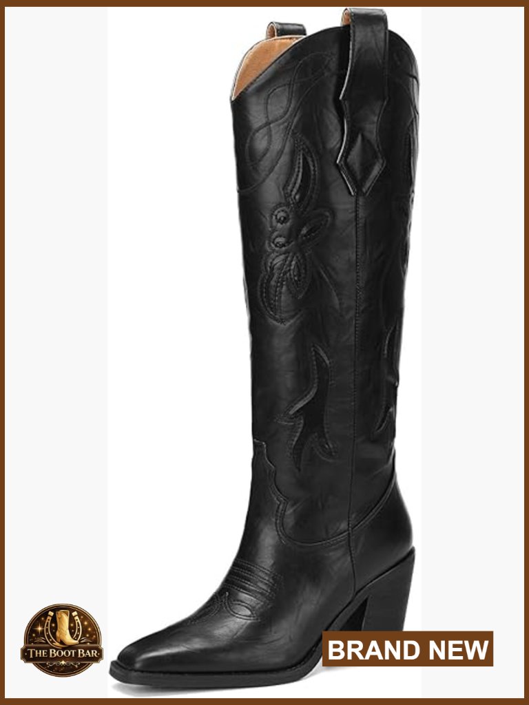 Western Knee High Boots With Square Toe Wide Calf Embroidered Design